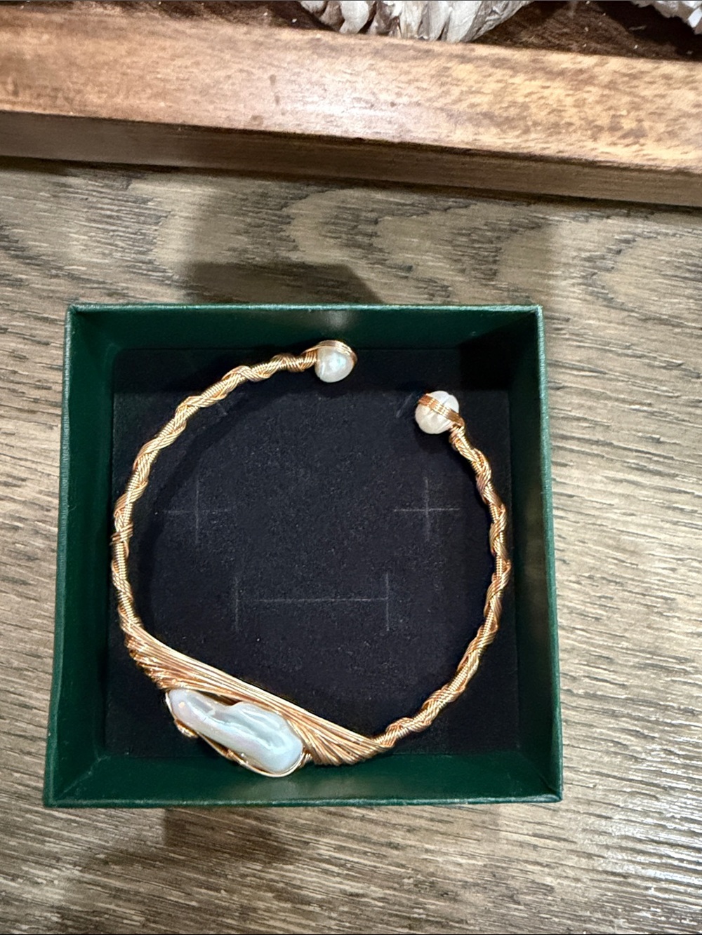 Gold Wire-Wrapped Baroque Pearl Cuff Bracelet - Iridescent White 2 Pearls On End - Picture 2 of 4